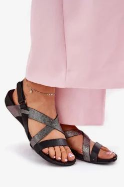 Sale Płaskie Skórzane Sandały Damskie 40032 Czarne Damskie Sandały Płaskie