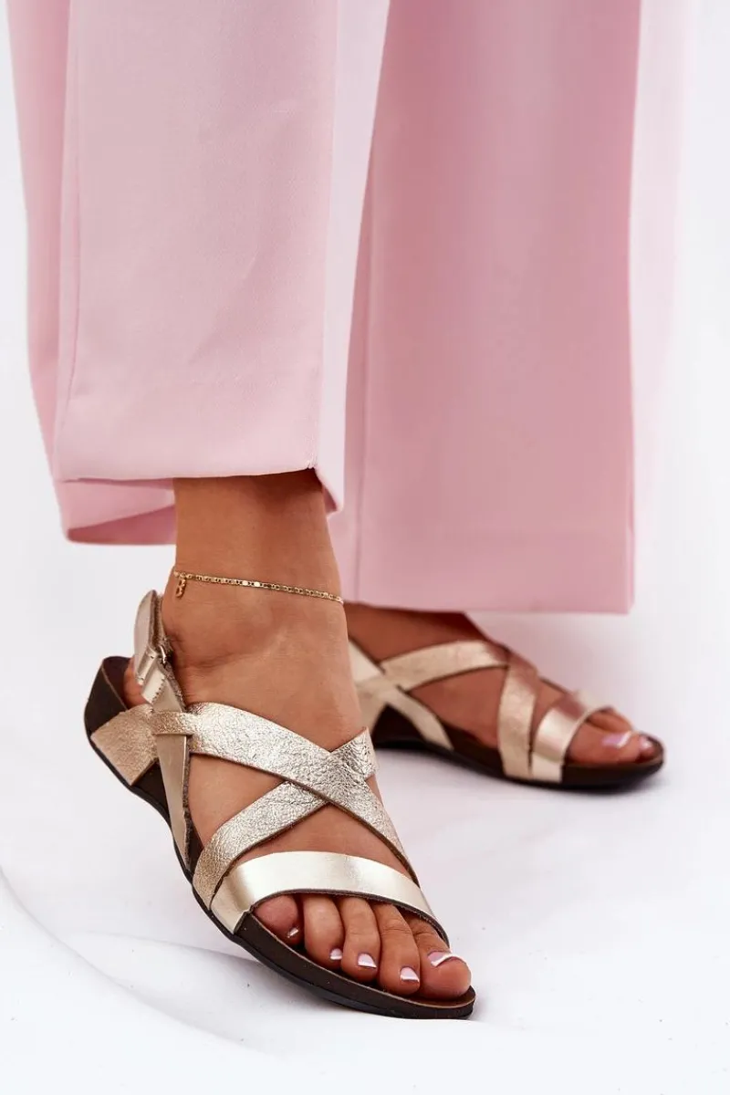 Sandały Płaskie>Zazoo Płaskie Skórzane Sandały Damskie 40032 Złote Złoty