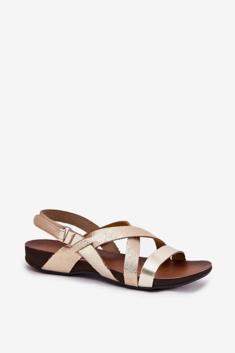 Sandały Płaskie>Zazoo Płaskie Skórzane Sandały Damskie 40032 Złote Złoty