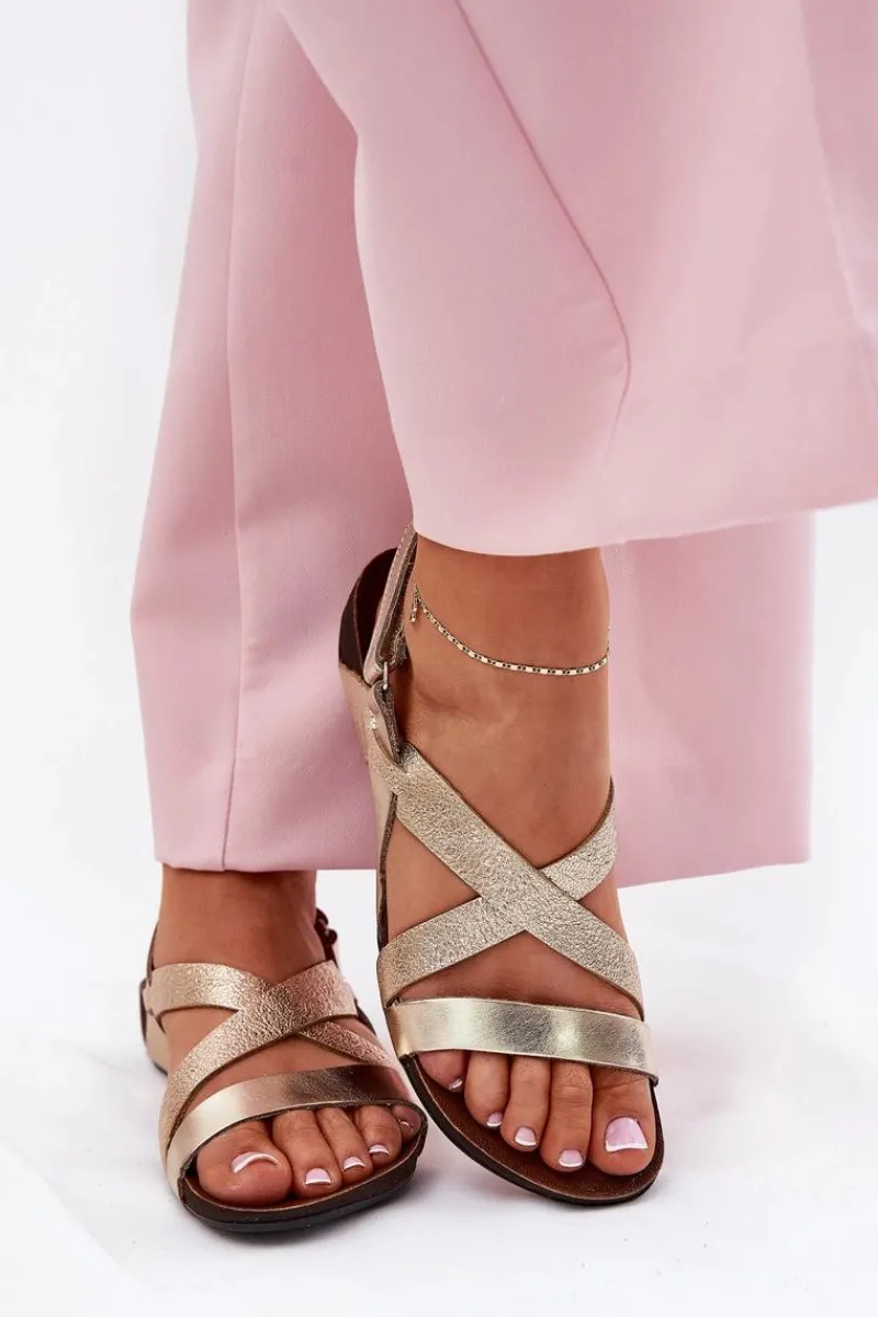 Sandały Płaskie>Zazoo Płaskie Skórzane Sandały Damskie 40032 Złote Złoty