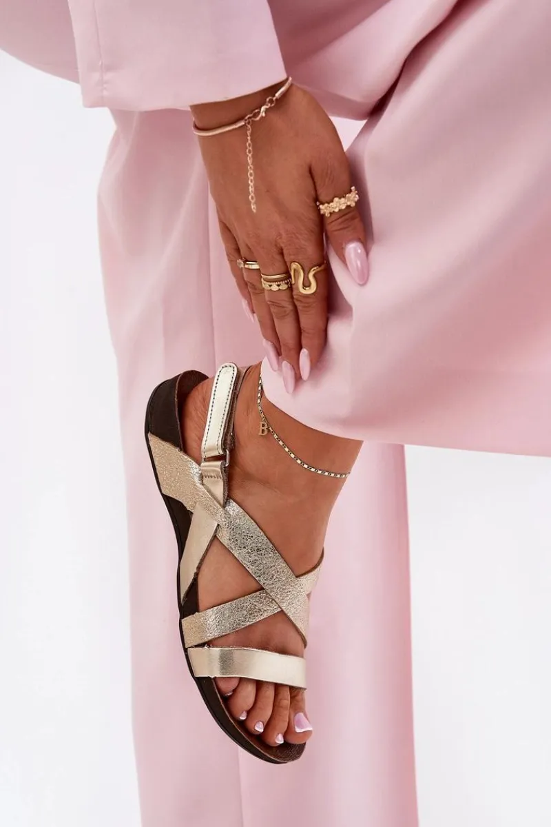 Sandały Płaskie>Zazoo Płaskie Skórzane Sandały Damskie 40032 Złote Złoty