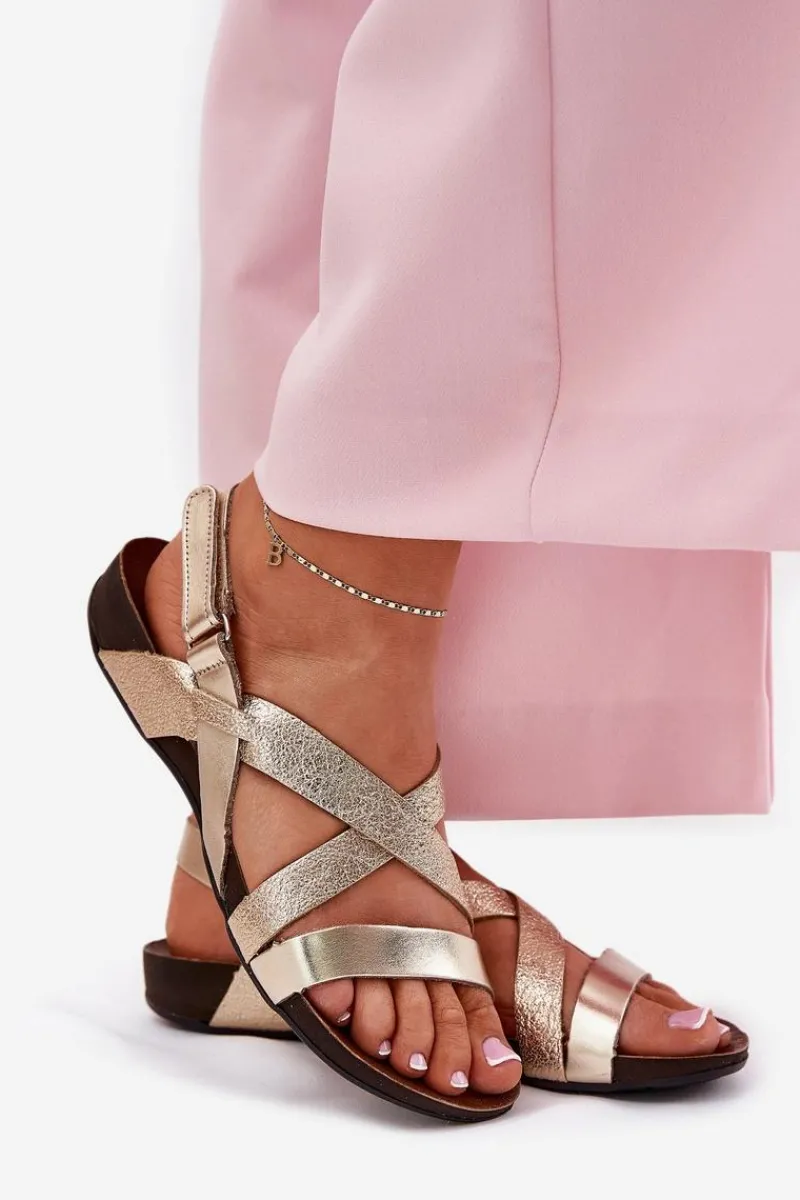 Sandały Płaskie>Zazoo Płaskie Skórzane Sandały Damskie 40032 Złote Złoty