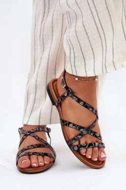 Maciejka Płaskie Skórzane Sandały Damskie 06635-05 Czarne Czarny