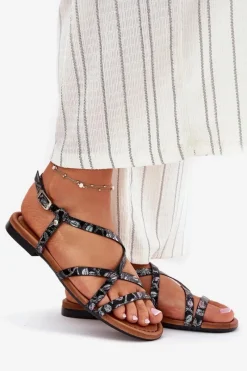 Maciejka Płaskie Skórzane Sandały Damskie 06635-05 Czarne Czarny