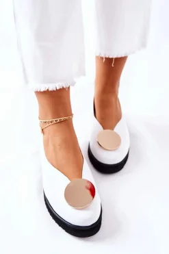Półbuty Baleriny Na Platformie Białe 5315B-11 Damskie Półbuty Skórzane|Baleriny Klasyczne