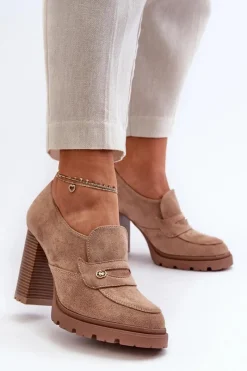 Sale Evento Półbuty Damskie Eko Zamszowe Na Słupku Beżowe Larmaves
