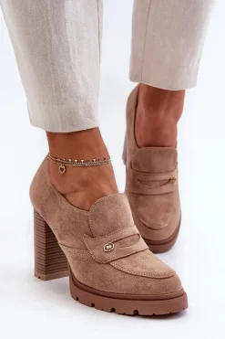 Sale Evento Półbuty Damskie Eko Zamszowe Na Słupku Beżowe Larmaves