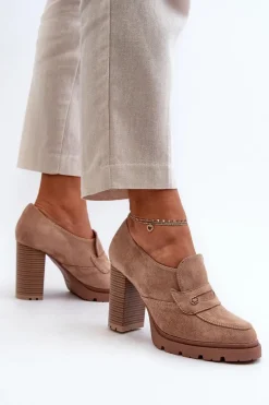 Sale Evento Półbuty Damskie Eko Zamszowe Na Słupku Beżowe Larmaves