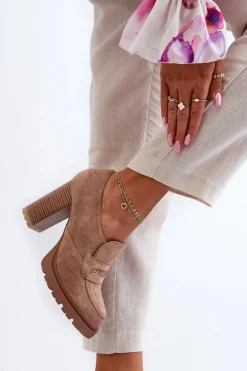 Sale Evento Półbuty Damskie Eko Zamszowe Na Słupku Beżowe Larmaves