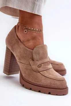 Sale Evento Półbuty Damskie Eko Zamszowe Na Słupku Beżowe Larmaves