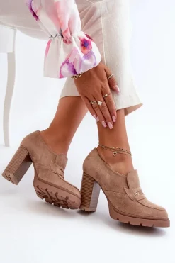 Sale Evento Półbuty Damskie Eko Zamszowe Na Słupku Beżowe Larmaves