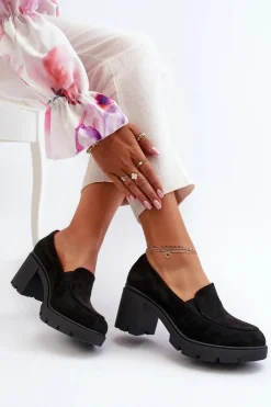 Outlet Półbuty Damskie Eko Zamszowe Na Obcasie i Platformie Czarne Arablosa Damskie Czółenka Na Platformie|Czółenka Zamszowe