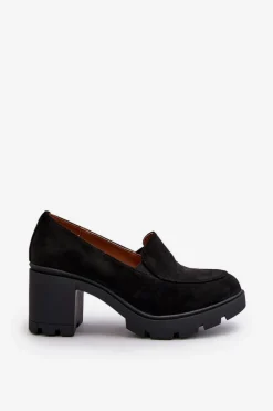 Outlet Półbuty Damskie Eko Zamszowe Na Obcasie i Platformie Czarne Arablosa Damskie Czółenka Na Platformie|Czółenka Zamszowe