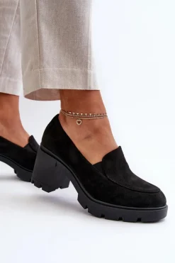 Outlet Półbuty Damskie Eko Zamszowe Na Obcasie i Platformie Czarne Arablosa Damskie Czółenka Na Platformie|Czółenka Zamszowe