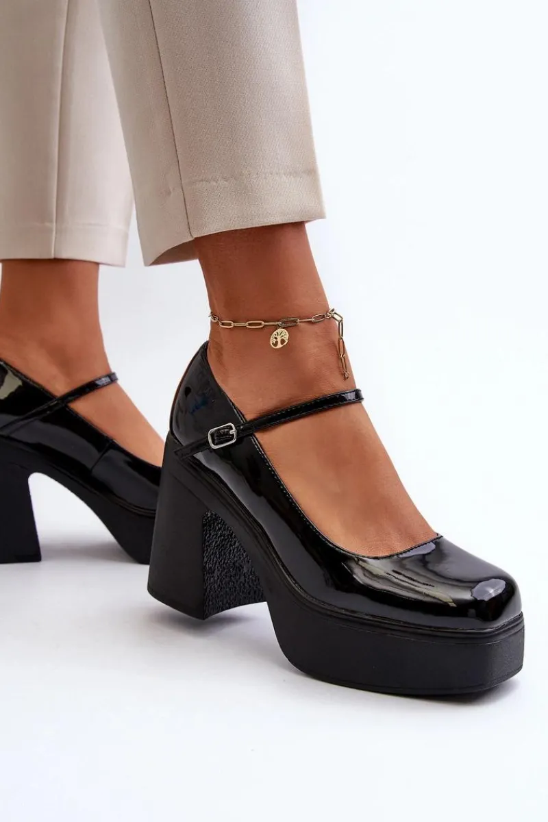 Półbuty Lakierowane>Big Star Shoes Półbuty Damskie Lakierowane Na Platformie I Słupku Big Star NN274004 Czarne