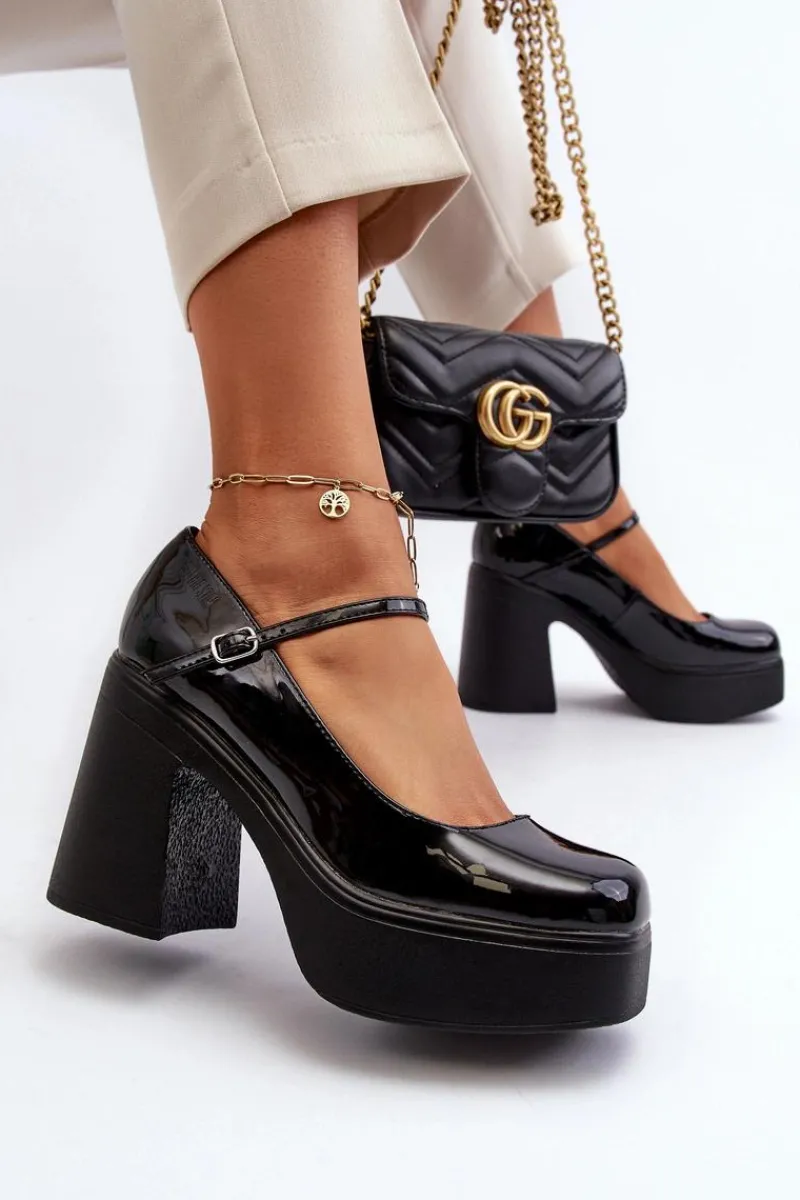 Półbuty Lakierowane>Big Star Shoes Półbuty Damskie Lakierowane Na Platformie I Słupku Big Star NN274004 Czarne