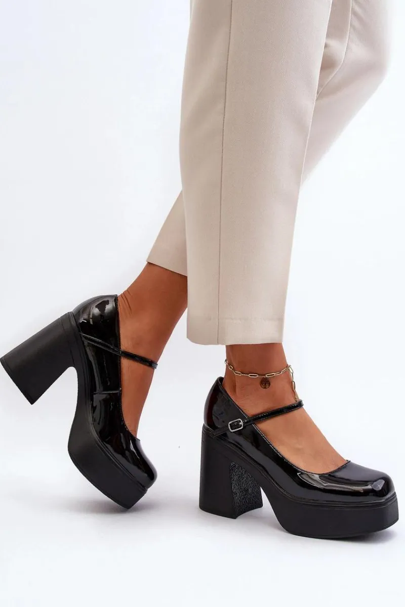 Półbuty Lakierowane>Big Star Shoes Półbuty Damskie Lakierowane Na Platformie I Słupku Big Star NN274004 Czarne