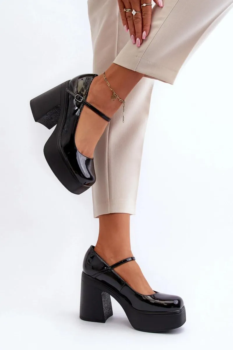 Półbuty Lakierowane>Big Star Shoes Półbuty Damskie Lakierowane Na Platformie I Słupku Big Star NN274004 Czarne