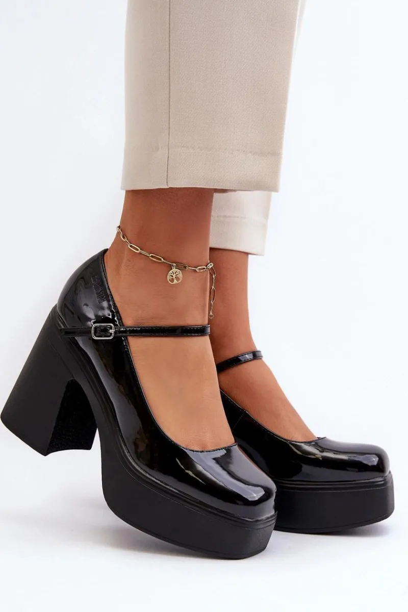 Półbuty Lakierowane>Big Star Shoes Półbuty Damskie Lakierowane Na Platformie I Słupku Big Star NN274004 Czarne