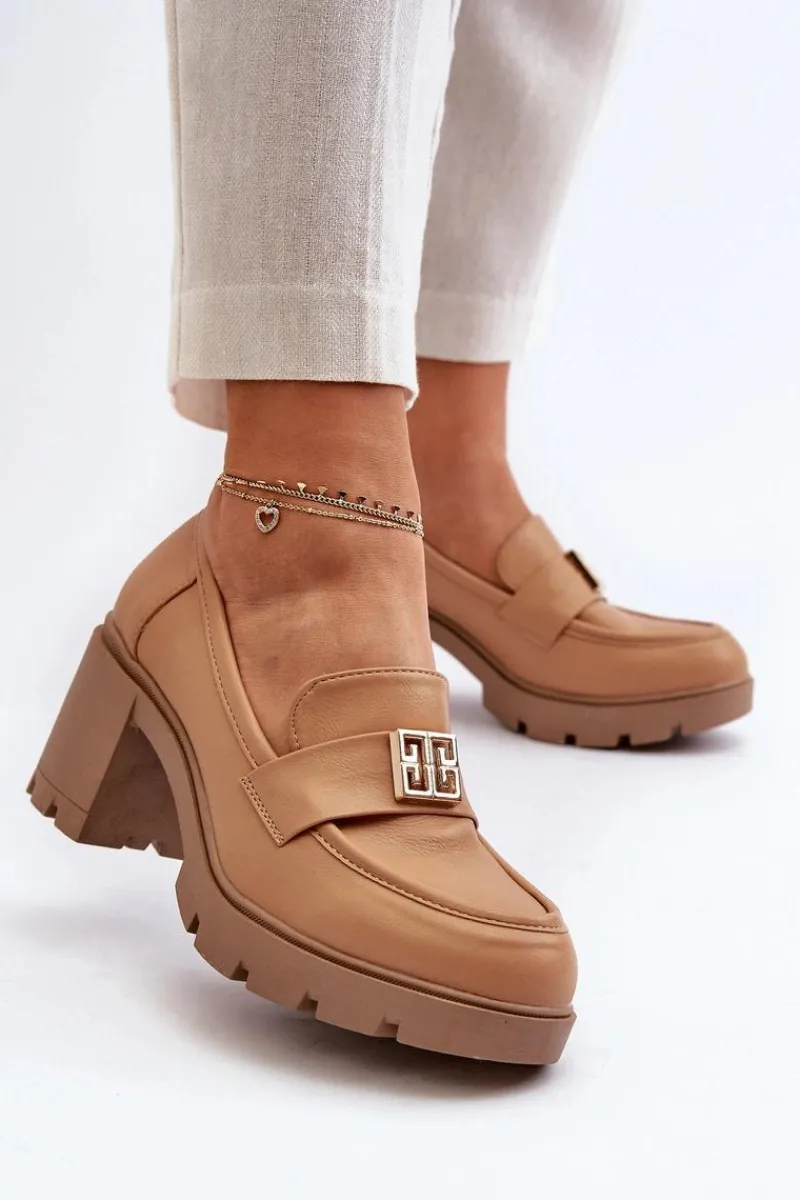 Półbuty Skórzane>Boto Półbuty Damskie Na Masywnym Obcasie Z Ozdobą Camel Ranunca Brązowy