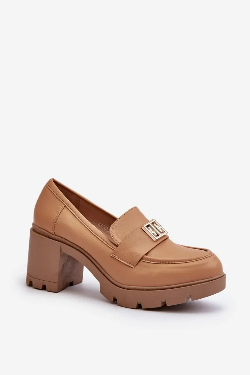 Półbuty Skórzane>Boto Półbuty Damskie Na Masywnym Obcasie Z Ozdobą Camel Ranunca Brązowy