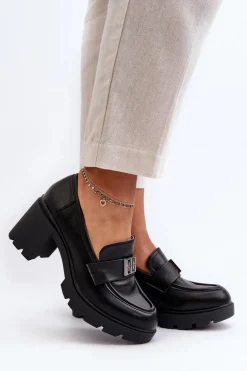 New Półbuty Damskie Na Masywnym Obcasie Z Ozdobą Czarne Ranunca Damskie Półbuty Skórzane