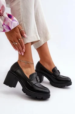 New Półbuty Damskie Na Masywnym Obcasie Z Ozdobą Czarne Ranunca Damskie Półbuty Skórzane