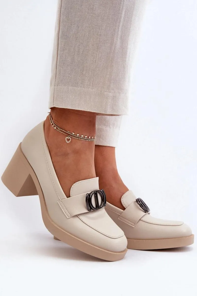 Online Półbuty Damskie Na Obcasie Z Ozdobą Beżowe Nedarea Damskie Półbuty Skórzane