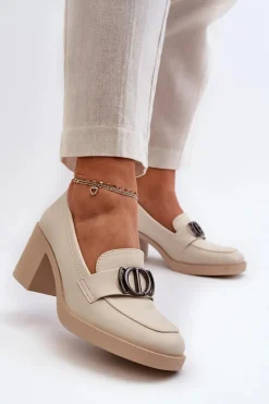 Online Półbuty Damskie Na Obcasie Z Ozdobą Beżowe Nedarea Damskie Półbuty Skórzane