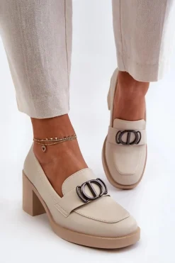 Online Półbuty Damskie Na Obcasie Z Ozdobą Beżowe Nedarea Damskie Półbuty Skórzane