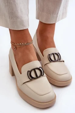 Online Półbuty Damskie Na Obcasie Z Ozdobą Beżowe Nedarea Damskie Półbuty Skórzane