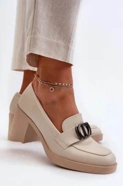 Online Półbuty Damskie Na Obcasie Z Ozdobą Beżowe Nedarea Damskie Półbuty Skórzane