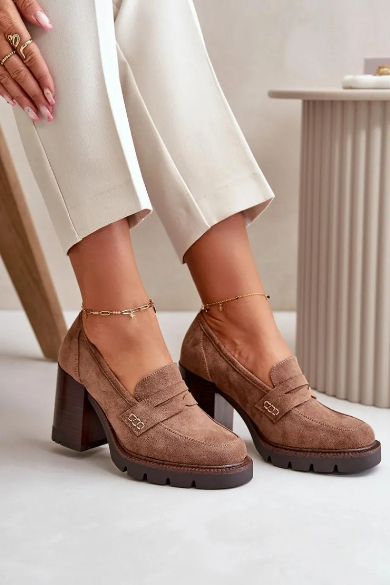 Sale Półbuty Damskie Na Obcasie Słupku Z Eko Zamszu Brązowe Vinceza 58105 Damskie Czółenka Na Platformie|Czółenka Zamszowe