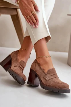 Sale Półbuty Damskie Na Obcasie Słupku Z Eko Zamszu Brązowe Vinceza 58105 Damskie Czółenka Na Platformie|Czółenka Zamszowe