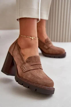 Sale Półbuty Damskie Na Obcasie Słupku Z Eko Zamszu Brązowe Vinceza 58105 Damskie Czółenka Na Platformie|Czółenka Zamszowe