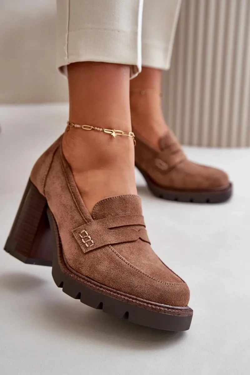 Sale Półbuty Damskie Na Obcasie Słupku Z Eko Zamszu Brązowe Vinceza 58105 Damskie Czółenka Na Platformie|Czółenka Zamszowe