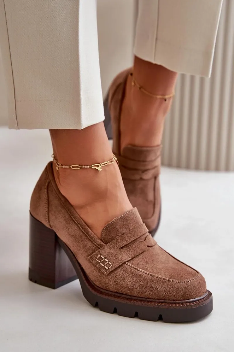 Sale Półbuty Damskie Na Obcasie Słupku Z Eko Zamszu Brązowe Vinceza 58105 Damskie Czółenka Na Platformie|Czółenka Zamszowe