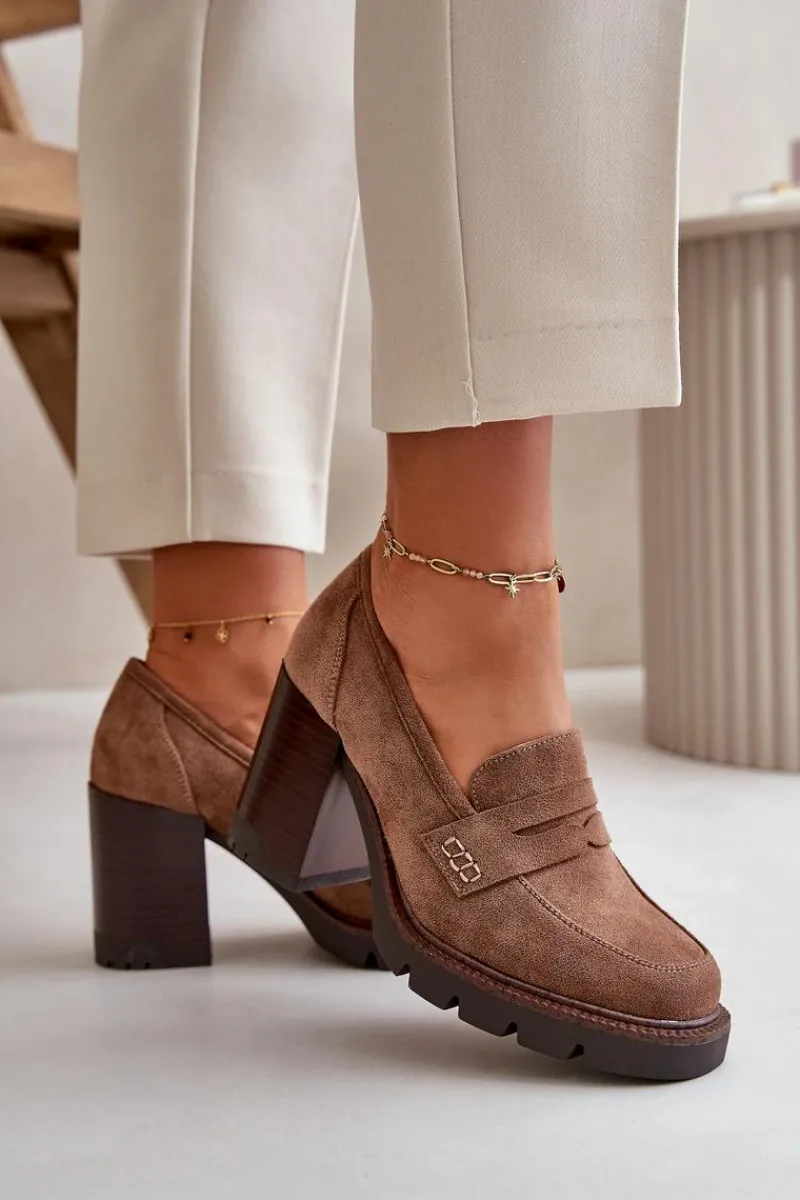 Sale Półbuty Damskie Na Obcasie Słupku Z Eko Zamszu Brązowe Vinceza 58105 Damskie Czółenka Na Platformie|Czółenka Zamszowe