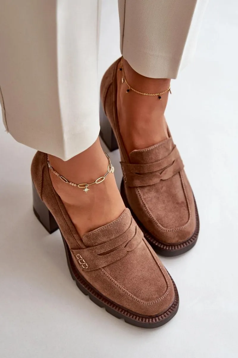 Sale Półbuty Damskie Na Obcasie Słupku Z Eko Zamszu Brązowe Vinceza 58105 Damskie Czółenka Na Platformie|Czółenka Zamszowe