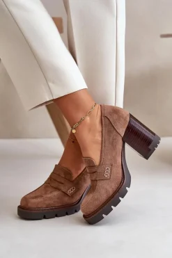 Sale Półbuty Damskie Na Obcasie Słupku Z Eko Zamszu Brązowe Vinceza 58105 Damskie Czółenka Na Platformie|Czółenka Zamszowe