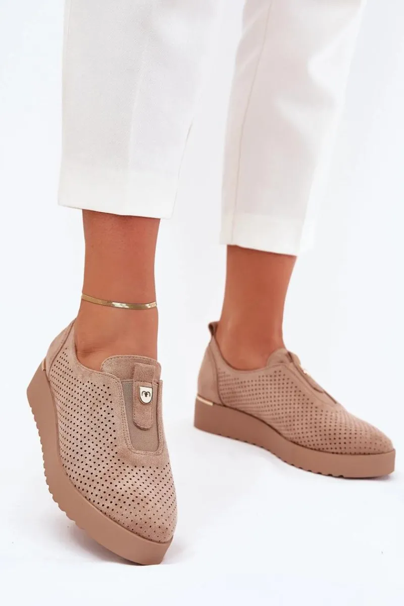 Best Półbuty Damskie Na Platformie Z Eko Zamszu Ciemnobeżowe Aviara Damskie Półbuty Skórzane