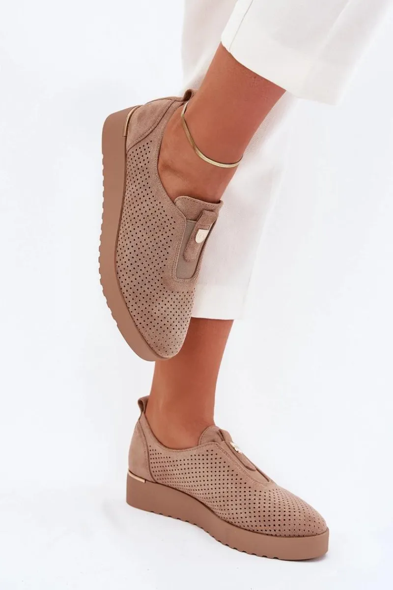 Best Półbuty Damskie Na Platformie Z Eko Zamszu Ciemnobeżowe Aviara Damskie Półbuty Skórzane