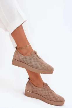 Best Półbuty Damskie Na Platformie Z Eko Zamszu Ciemnobeżowe Aviara Damskie Półbuty Skórzane