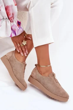 Best Półbuty Damskie Na Platformie Z Eko Zamszu Ciemnobeżowe Aviara Damskie Półbuty Skórzane