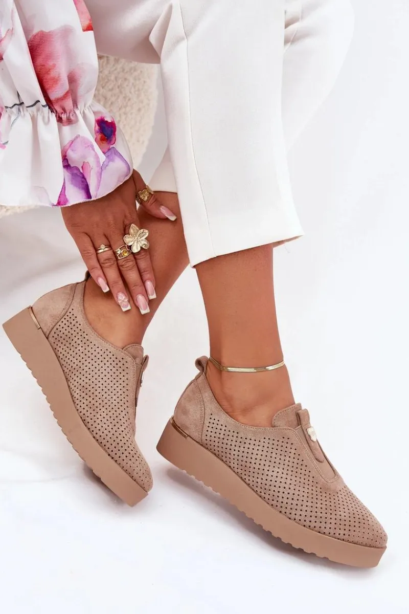 Best Półbuty Damskie Na Platformie Z Eko Zamszu Ciemnobeżowe Aviara Damskie Półbuty Skórzane