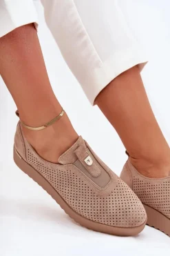 Best Półbuty Damskie Na Platformie Z Eko Zamszu Ciemnobeżowe Aviara Damskie Półbuty Skórzane