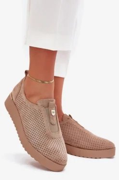 Best Półbuty Damskie Na Platformie Z Eko Zamszu Ciemnobeżowe Aviara Damskie Półbuty Skórzane