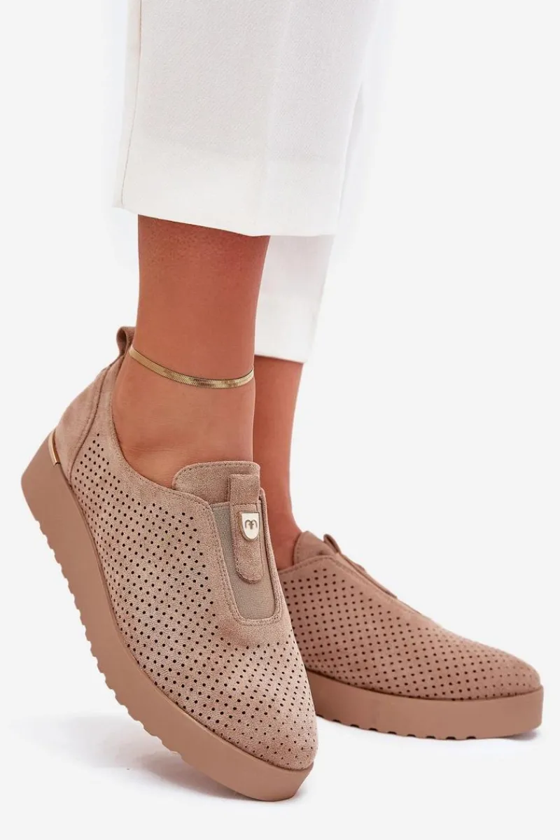 Best Półbuty Damskie Na Platformie Z Eko Zamszu Ciemnobeżowe Aviara Damskie Półbuty Skórzane