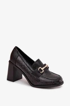 Discount Półbuty Damskie Na Słupku Z Tłoczeniem I Złotym Detalem Czarne Novella Damskie Półbuty Lakierowane|Półbuty Skórzane