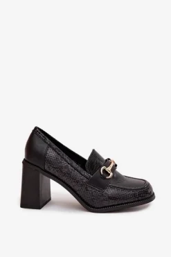 Discount Półbuty Damskie Na Słupku Z Tłoczeniem I Złotym Detalem Czarne Novella Damskie Półbuty Lakierowane|Półbuty Skórzane